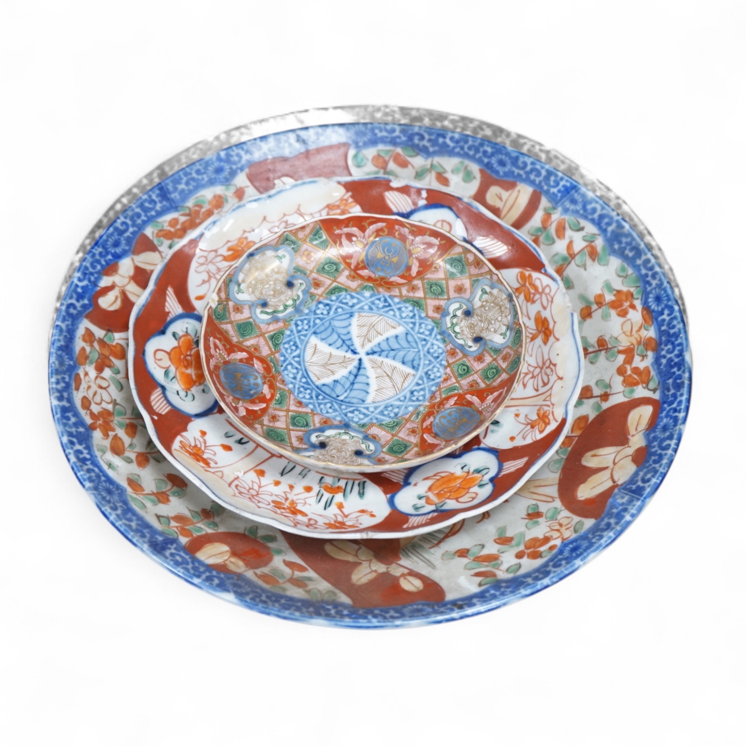 Three Japanese Imari dishes, largest 30.5cm